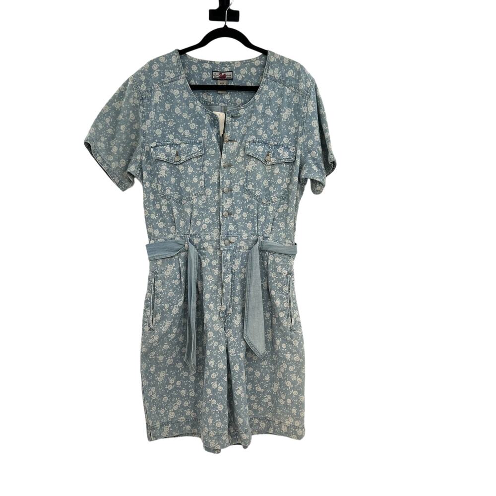Vintage Floral Denim Romper Blue Belted Button Front Cotton Womens Medium